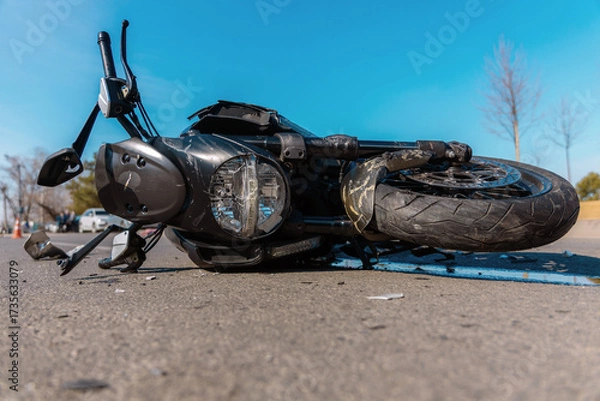 Fototapeta A wrecked motorcycle (bike) lies on its side on the asphalt after a traffic accident. It lies on the roadway after an accident. The headlight and handlebars are broken. Hazard and insurance concept.