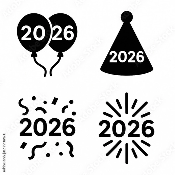 Fototapeta Set of festive 2026 icons including balloons, party hat, confetti, and fireworks. Minimal black outline vector design perfect for New Year posters, cards, banners, and party invitations.