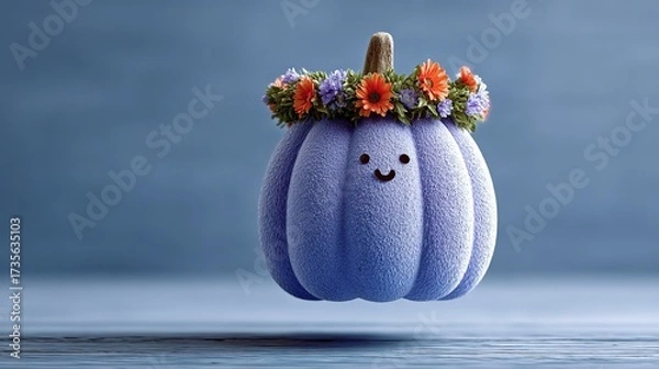 Fototapeta Minimalist Pastel-Style: Purple Pumpkin with Face & Flower Crown Floating on Solid Background - For Festive Decor/Poster/Design Stock