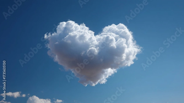 Fototapeta A heart shaped cloud floats serenely in a clear blue sky on a bright sunny day above