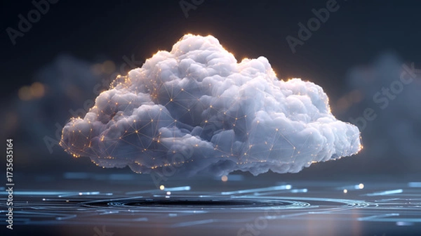Fototapeta A fluffy white cloud with glowing edges hovering above a digital surface with lines