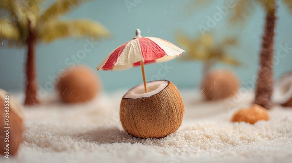 Fototapeta A coconut with a miniature umbrella on a sandy surface with palm trees in the background