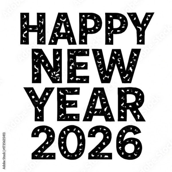 Fototapeta Bold black 'HAPPY NEW YEAR 2026' text with star decorations. Minimal festive vector design perfect for holiday greeting cards, posters, party invitations, and New Year celebration banners.