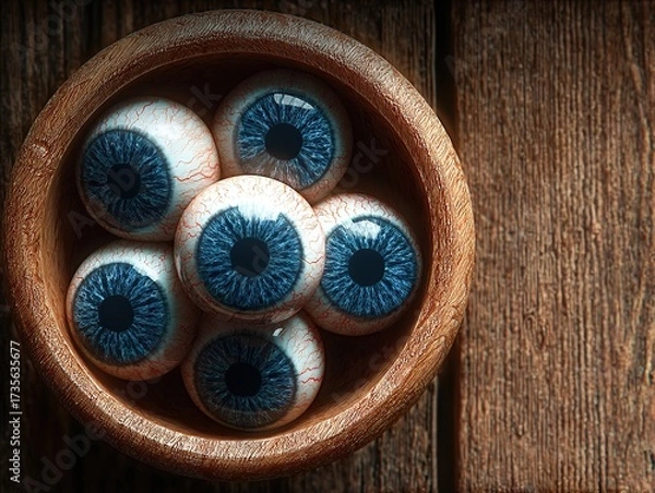 Fototapeta Halloween-Themed Top-View Eyeballs: Wooden Bowl on Table (Blue-White Color Scheme) – Natural Light, Close-Up, Hyper-Realistic High-Res Product Stock