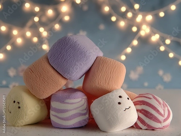 Fototapeta Colorful Marshmallows: Assorted Shapes & Sizes with Soft Lighting (Whimsical Atmosphere, Vibrant Swirls, Plush Texture)