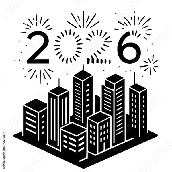 Fototapeta City skyline with bold 2026 text and festive fireworks above. Minimal black outline New Year celebration vector design ideal for holiday posters, party invitations, and greeting cards.