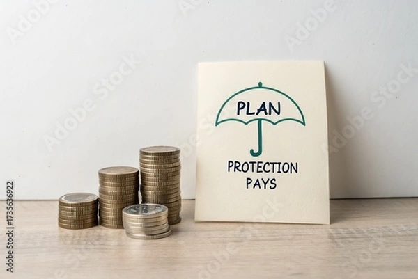 Fototapeta Financial planning concept with coins and a note showing an umbrella symbolizing protection