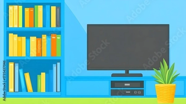 Fototapeta Home office setup with bookshelf and tv in a colorful living room space