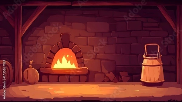 Fototapeta Coal-fired forge workshop rustic setting digital art warm environment cozy perspective