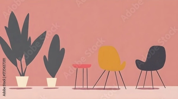 Fototapeta Two chairs and a table in a stylish empty office room with wooden floor and a vase