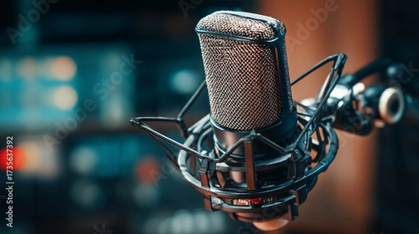 Fototapeta A close up of a studio microphone with a blurred background in a recording studio