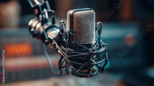 Fototapeta Close up shot of a professional microphone with a blurred background in a studio