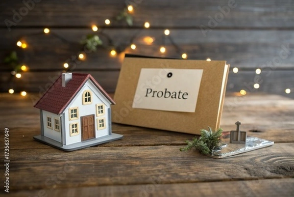 Fototapeta Miniature house model beside a probate document on a rustic wooden table with fairy lights
