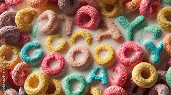 Fototapeta A close up shot of colorful letter and ring shaped cereal floating in white milk today