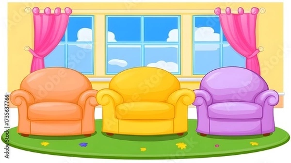 Fototapeta Colorful armchairs in a bright living room with large windows and soft lighting