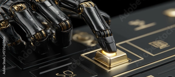 Obraz High-resolution cyberpunk-style close-up of a black robotic hand with gold accents pressing a glowing golden button on a sleek black control panel. Perfect for tech and sci-fi themes. Generative Ai.