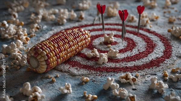Fototapeta Still life of corn cob and popcorn with target and darts on a textured surface