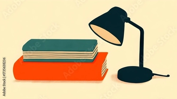 Fototapeta Studying at home books and desk lamp setup in cozy environment