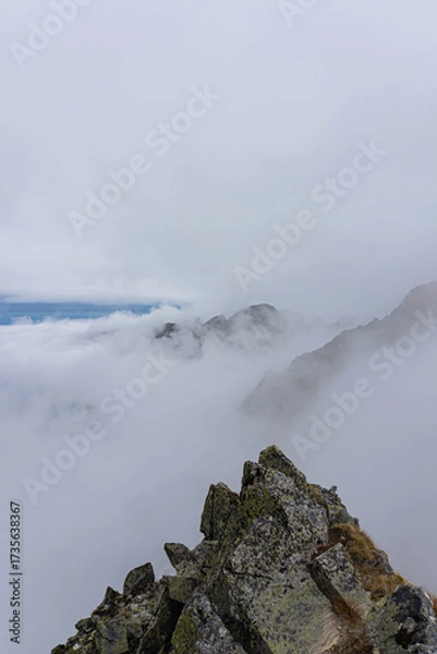 Obraz sharp ridge rocky peak over big clouds on autumn day in carpathians 