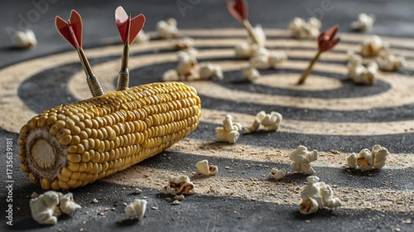 Fototapeta Corn on the cob with darts stuck in it on a target surrounded by popcorn kernels