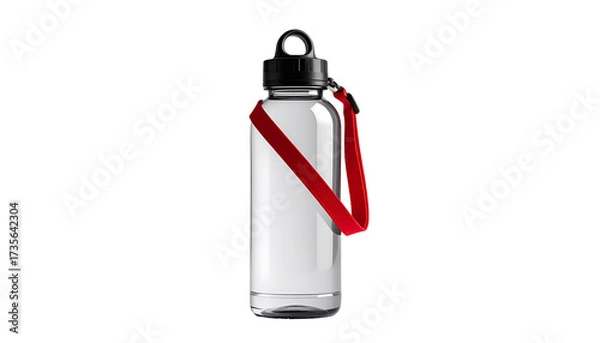 Obraz Clear bottle with red strap on black