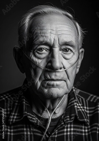 Fototapeta Closeup black and white portrait of an elderly man with a nasal cannula, looking directly at the camera with a somber expression, conveying a sense of vulnerability and illness