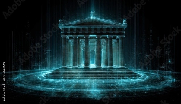 Fototapeta Futuristic Digital Temple with Glowing Blue Energy and Ancient Architecture.