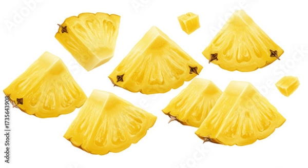Fototapeta Pineapple chunks PNG isolated on transparent background, tropical fruit pieces for healthy eating and summer designs