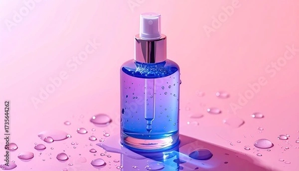 Fototapeta Gradient bottle with liquid, surrounded by droplets