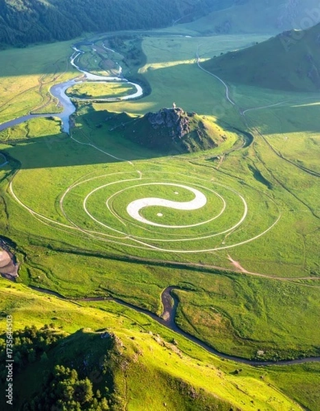 Fototapeta Aerial view Yin-Yang symbol in vast green meadow
