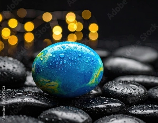 Fototapeta Wet blue/yellow globe on dark stones, bokeh lights backdrop