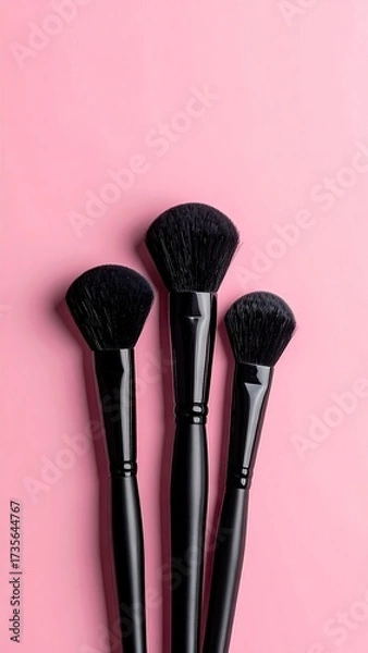 Fototapeta Three black makeup brushes on a solid pink background