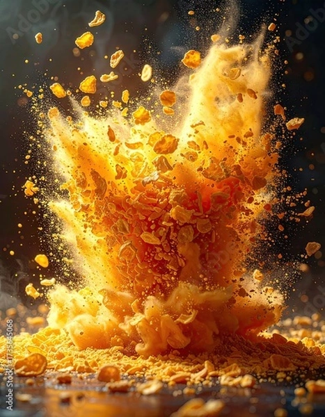 Fototapeta Exploding orange material with dust, debris