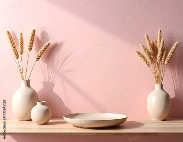 Fototapeta Wheat in vases, plate, pink wall; light