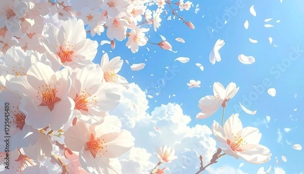 Fototapeta Cherry blossoms bloom against a sunny blue sky