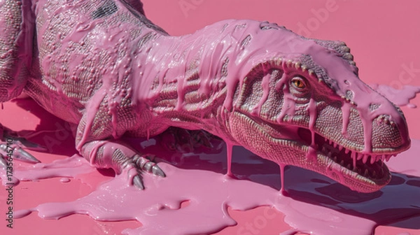 Fototapeta A pink tyrannosaurus rex covered in pink paint stands on a pink painted surface in a studio setting