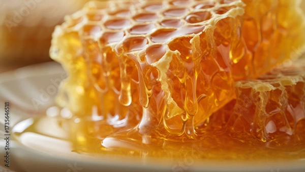 Fototapeta Close-up of fresh golden honeycomb with appetizing drops of natural honey dripping down. Perfect for showcasing natural products, healthy eating, and sweet desserts