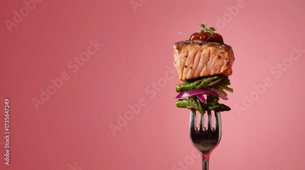 Fototapeta Grilled salmon fillet with asparagus, red onion, and garnish served elegantly on a fork, isolated against pink background, gourmet food concept. 