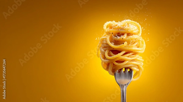 Fototapeta Close-up of a fork with spaghetti twirled around it, topped with grated cheese and pepper, against a vibrant yellow background. 
