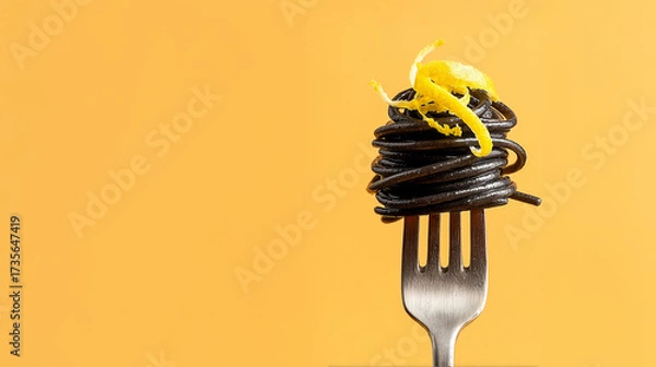 Fototapeta Minimalist close-up of a fork twirling black squid ink spaghetti, garnished with lemon zest, against a bright yellow background. 