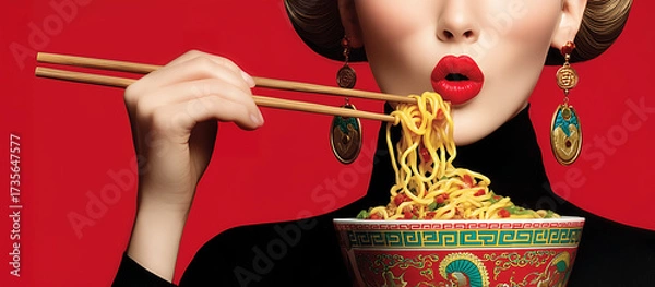 Fototapeta Stylized portrait of a woman with bold red lipstick and ornate earrings, eating noodles with chopsticks from a decorative bowl, set against a striking red background. 