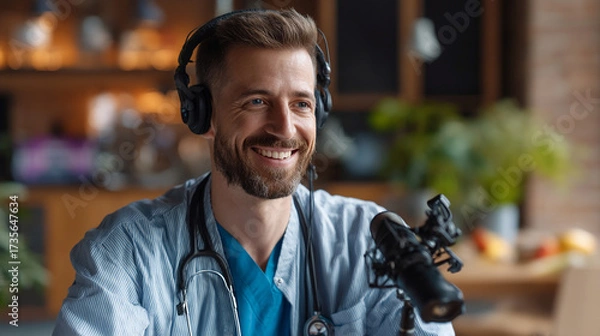 Fototapeta A smiling doctor with headphones and stethoscope recording a podcast with a microphone at home