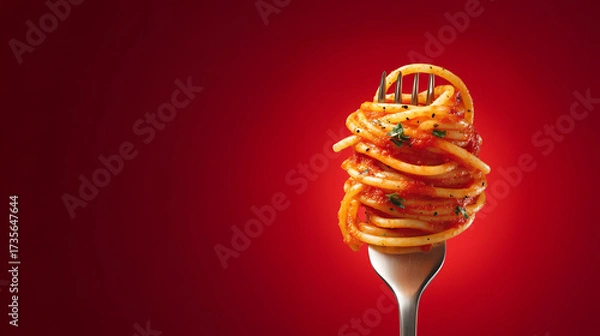 Fototapeta Close-up of spaghetti with tomato sauce and herbs twirled on a fork, isolated against a bold red background, Italian cuisine concept. 
