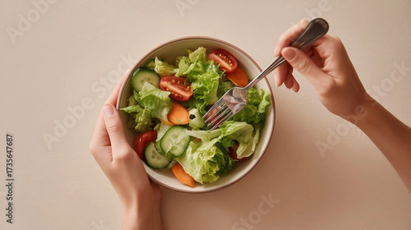 Fototapeta Fresh vegetable salad in a bowl with lettuce, cucumber, carrot, and tomato, hands holding and eating with fork, healthy food concept. 