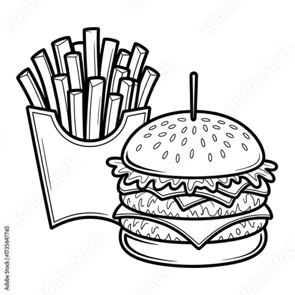 Fototapeta Black and white illustration of burger with fries vector drawing for coloring book or menu design vector illustration outline drawing fast food