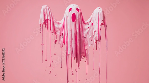 Fototapeta A pink ghost figure with dripping paint effect against a solid pink colored background studio shot