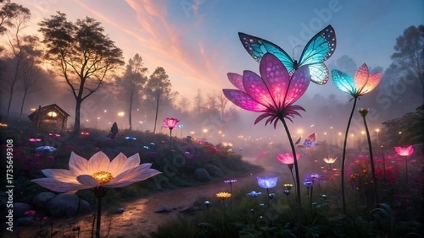 Fototapeta Enchanted twilight garden with glowing flowers and magical butterflies dancing in mist.