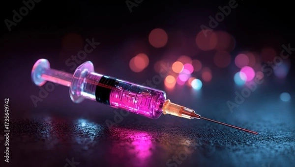 Fototapeta Futuristic medical syringe with glowing pink fluid and colorful bokeh lights.