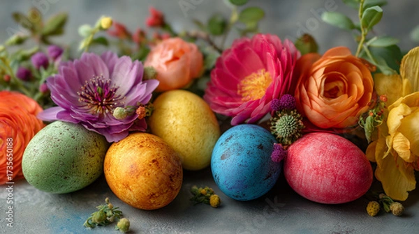 Fototapeta Colorful easter eggs nestled among vibrant flowers creating a festive springtime arrangement