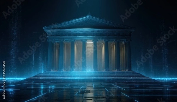Obraz Futuristic Neoclassical Temple with Glowing Blue Light and Digital Grid.